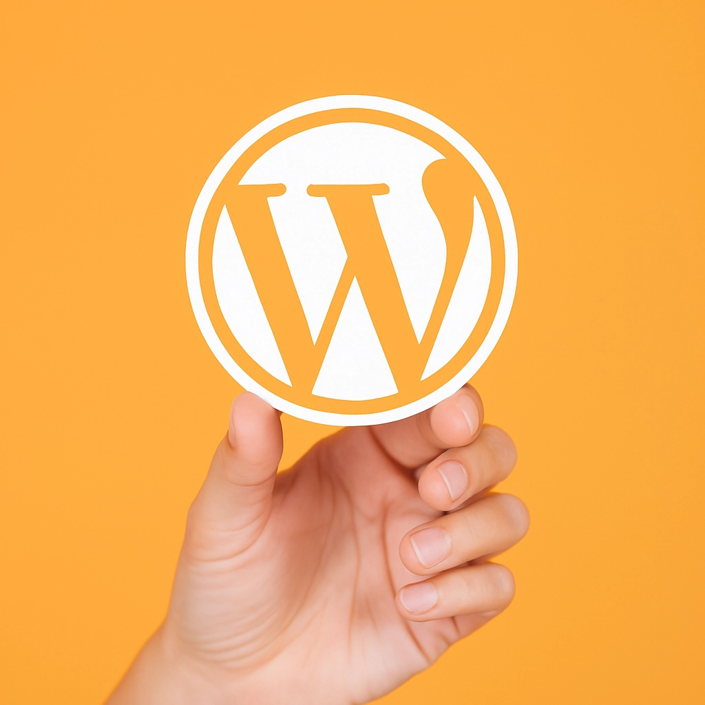 Logotipo de WordPress sostenido con la mano sobre fondo amarillo